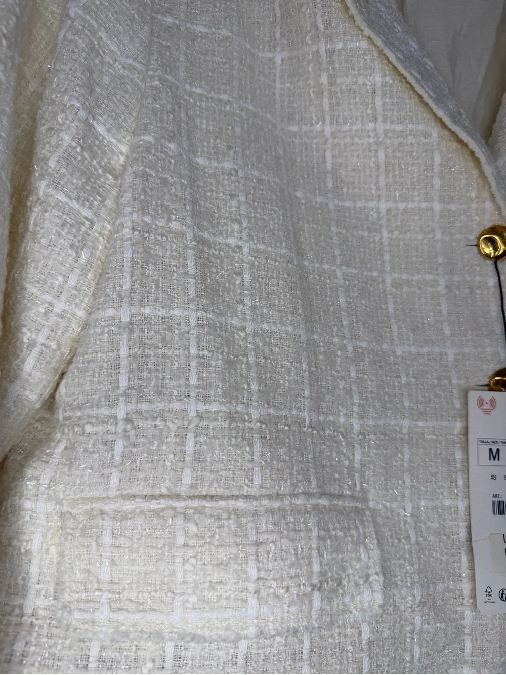 NWT Zara Ivory Textured Tweed Blazer with Gold Buttons